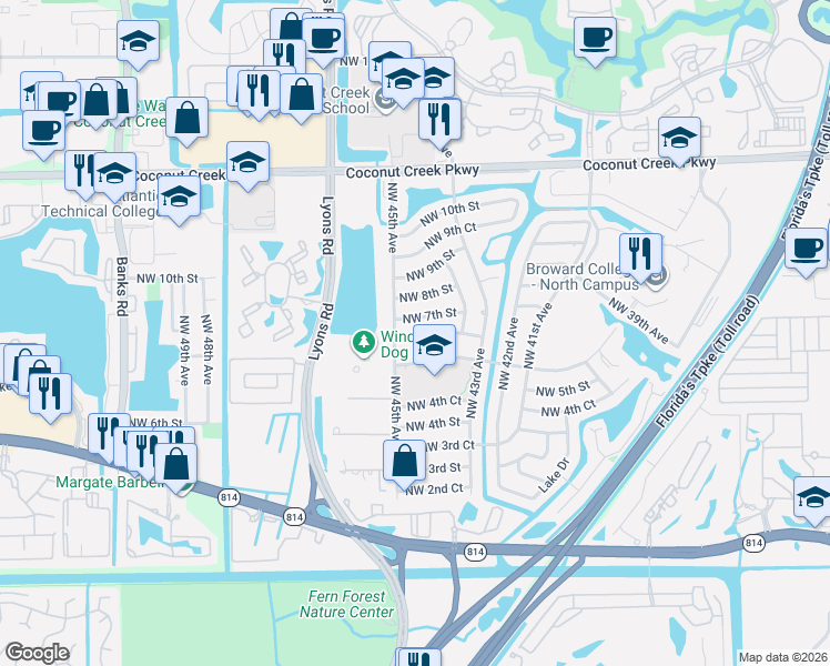 map of restaurants, bars, coffee shops, grocery stores, and more near 4471 Northwest 6th Court in Coconut Creek