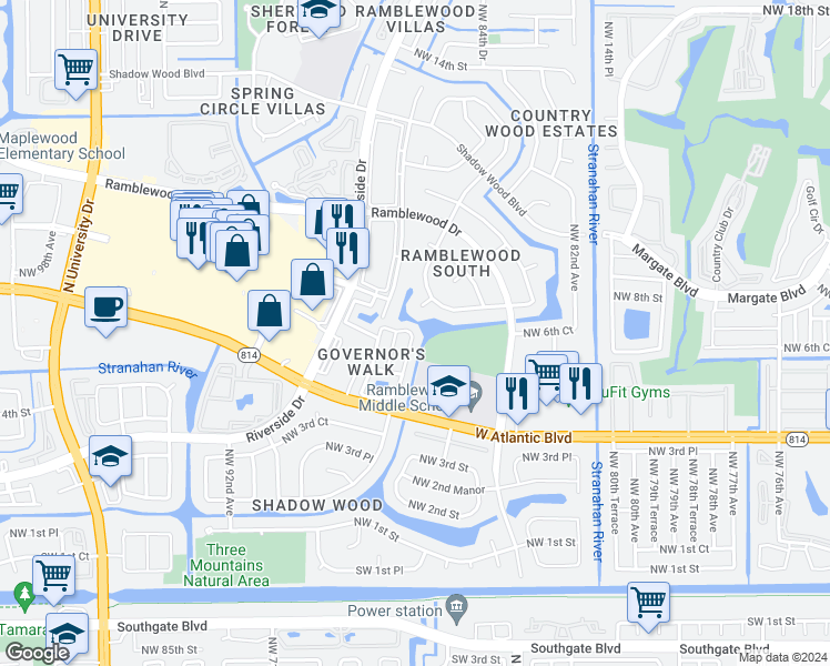 map of restaurants, bars, coffee shops, grocery stores, and more near 599 Northwest 87th Terrace in Coral Springs