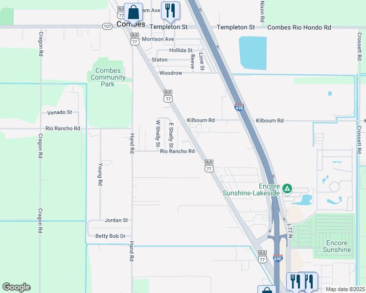 map of restaurants, bars, coffee shops, grocery stores, and more near 23011 Rio Rancho Road in Harlingen
