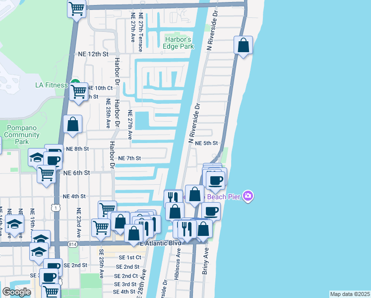 map of restaurants, bars, coffee shops, grocery stores, and more near 7 Northeast 5th Street in Pompano Beach