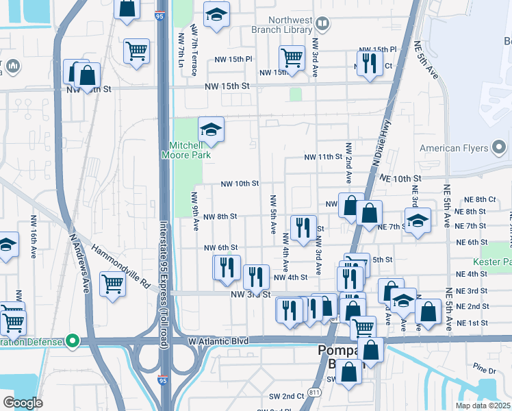 map of restaurants, bars, coffee shops, grocery stores, and more near 851 Northwest 6th Avenue in Pompano Beach