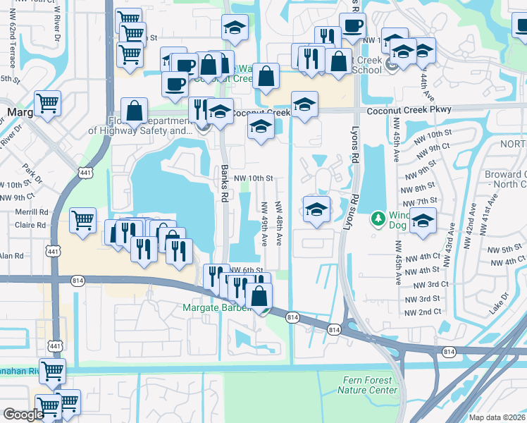 map of restaurants, bars, coffee shops, grocery stores, and more near 841 Northwest 48th Avenue in Coconut Creek