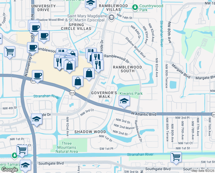 map of restaurants, bars, coffee shops, grocery stores, and more near 626 Northwest 87th Lane in Coral Springs