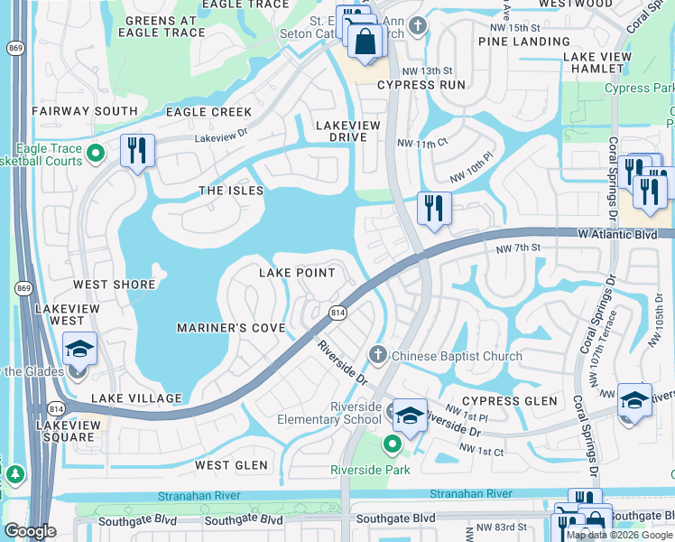 map of restaurants, bars, coffee shops, grocery stores, and more near 11661 West Atlantic Boulevard in Coral Springs
