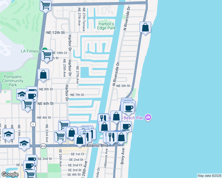 map of restaurants, bars, coffee shops, grocery stores, and more near 7 Northeast 5th Street in Pompano Beach