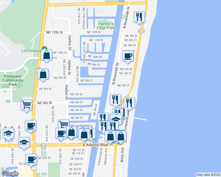 map of restaurants, bars, coffee shops, grocery stores, and more near 501 North Riverside Drive in Pompano Beach
