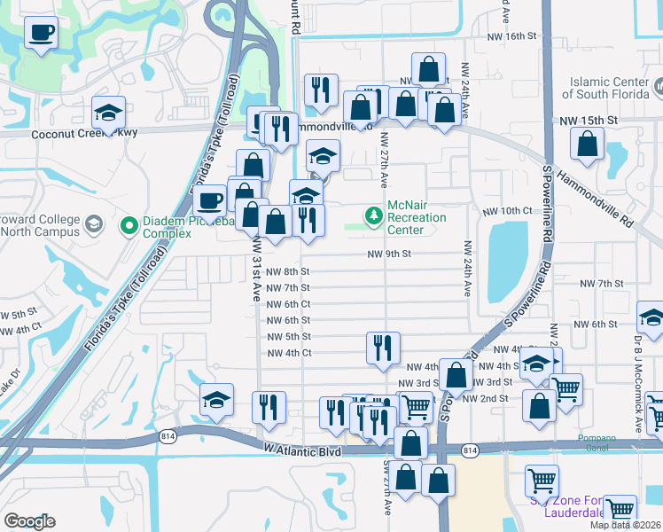 map of restaurants, bars, coffee shops, grocery stores, and more near 2840 Northwest 9th Street in Pompano Beach