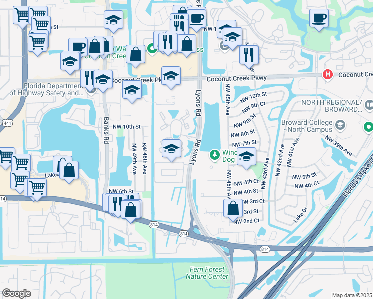 map of restaurants, bars, coffee shops, grocery stores, and more near 611 Lyons Road in Coconut Creek