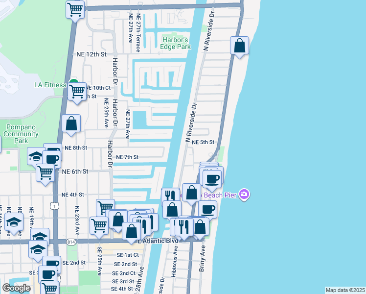 map of restaurants, bars, coffee shops, grocery stores, and more near 7 Northeast 5th Street in Pompano Beach
