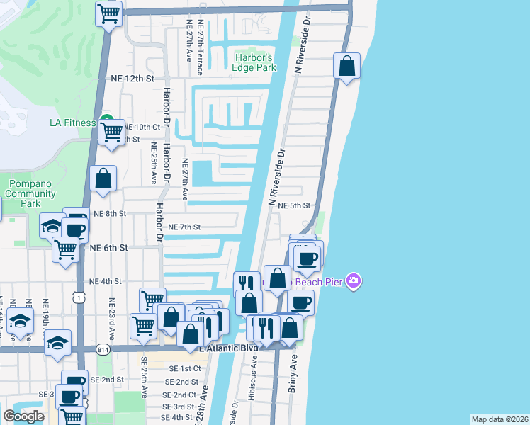 map of restaurants, bars, coffee shops, grocery stores, and more near 7 Northeast 5th Street in Pompano Beach