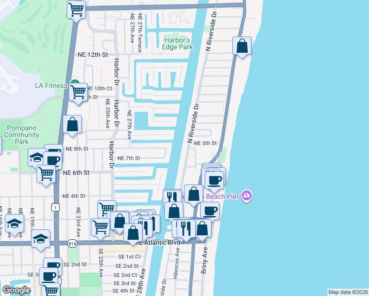 map of restaurants, bars, coffee shops, grocery stores, and more near 7 Northeast 5th Street in Pompano Beach