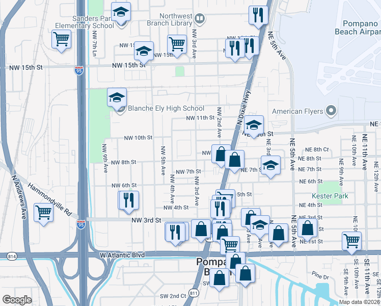 map of restaurants, bars, coffee shops, grocery stores, and more near 245 Northwest 8th Court in Pompano Beach