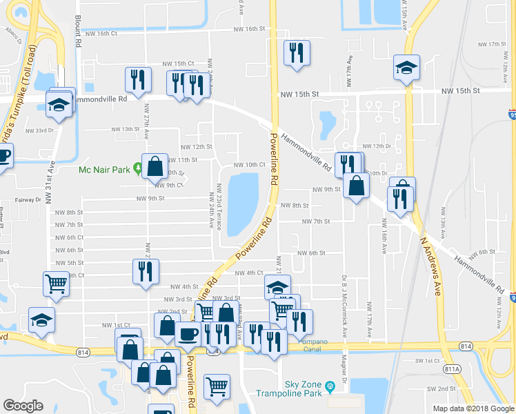 map of restaurants, bars, coffee shops, grocery stores, and more near 837 North Powerline Road in Pompano Beach