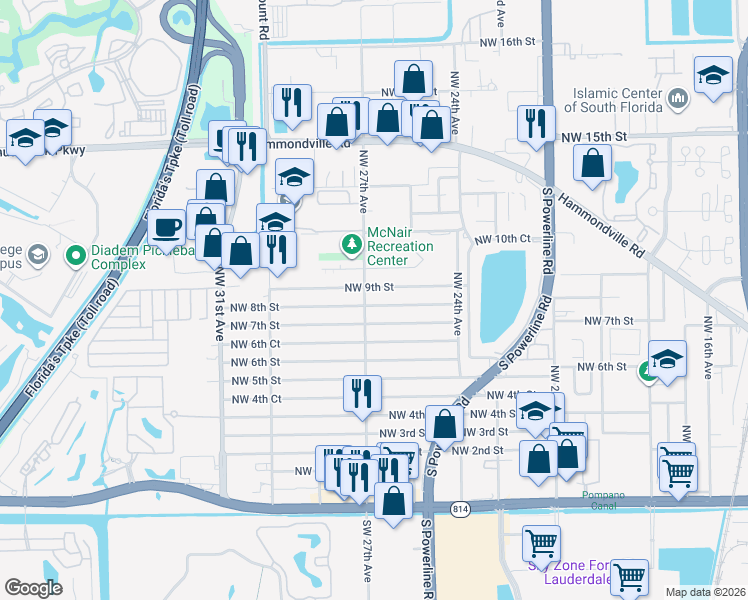 map of restaurants, bars, coffee shops, grocery stores, and more near 2638 Northwest 9th Street in Pompano Beach