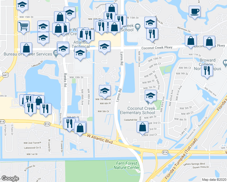 map of restaurants, bars, coffee shops, grocery stores, and more near in Coconut Creek