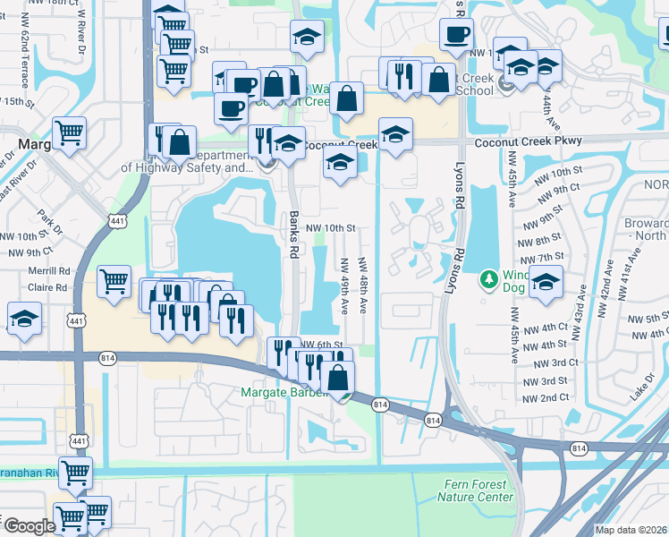 map of restaurants, bars, coffee shops, grocery stores, and more near 861 Northwest 49th Way in Coconut Creek