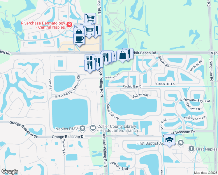 map of restaurants, bars, coffee shops, grocery stores, and more near 2426 Orchid Bay Drive in Naples