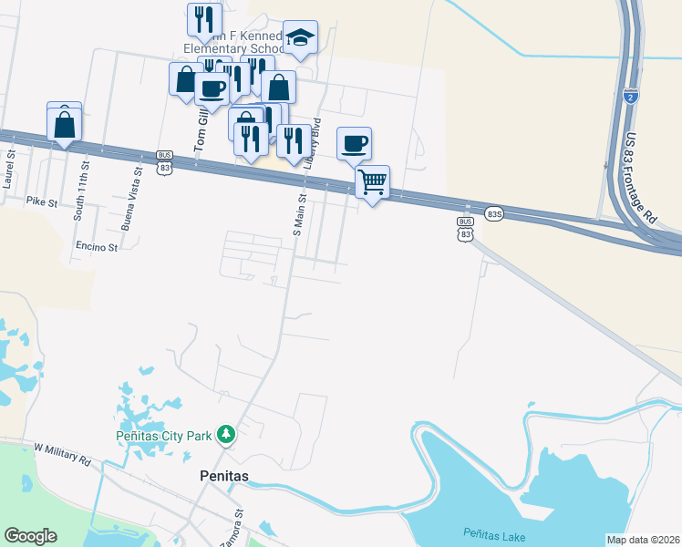 map of restaurants, bars, coffee shops, grocery stores, and more near 401 South Alma Avenue in Penitas