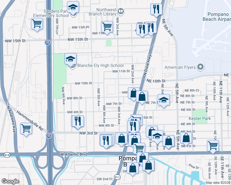 map of restaurants, bars, coffee shops, grocery stores, and more near 245 Northwest 8th Court in Pompano Beach