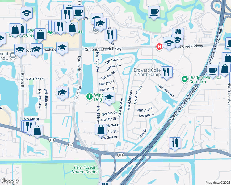 map of restaurants, bars, coffee shops, grocery stores, and more near 700 Northwest 44th Avenue in Coconut Creek