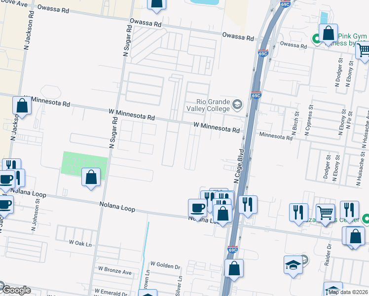 map of restaurants, bars, coffee shops, grocery stores, and more near 701 W Minnesota Rd in Pharr