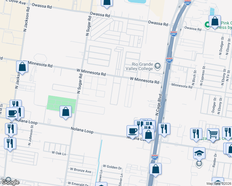 map of restaurants, bars, coffee shops, grocery stores, and more near 701 West Minnesota Road in Pharr