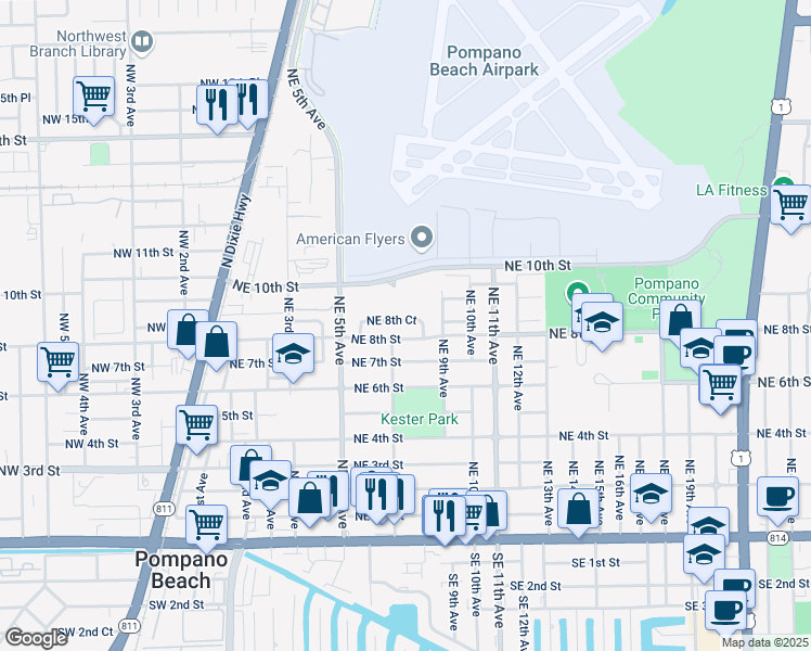 map of restaurants, bars, coffee shops, grocery stores, and more near 711 Northeast 8th Court in Pompano Beach