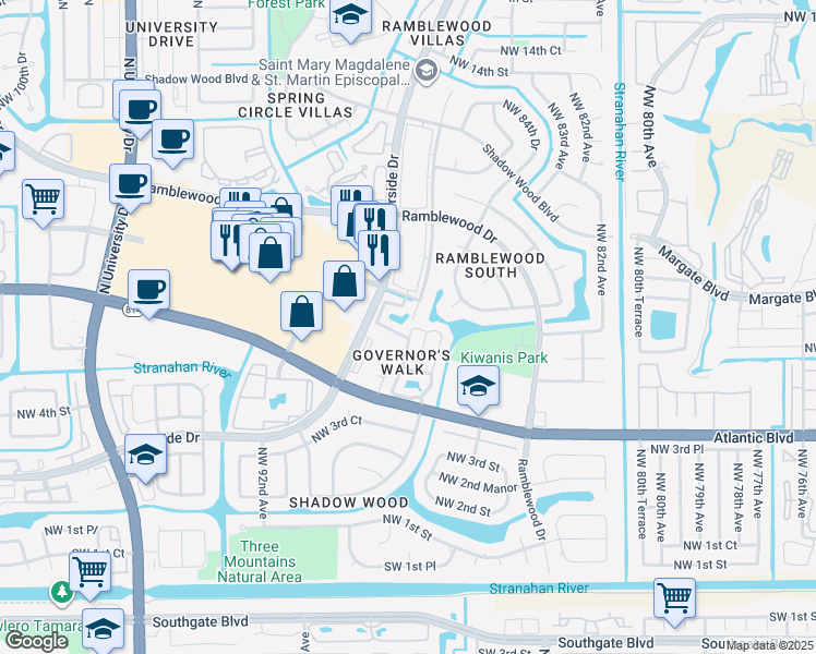 map of restaurants, bars, coffee shops, grocery stores, and more near 626 Northwest 87th Lane in Coral Springs