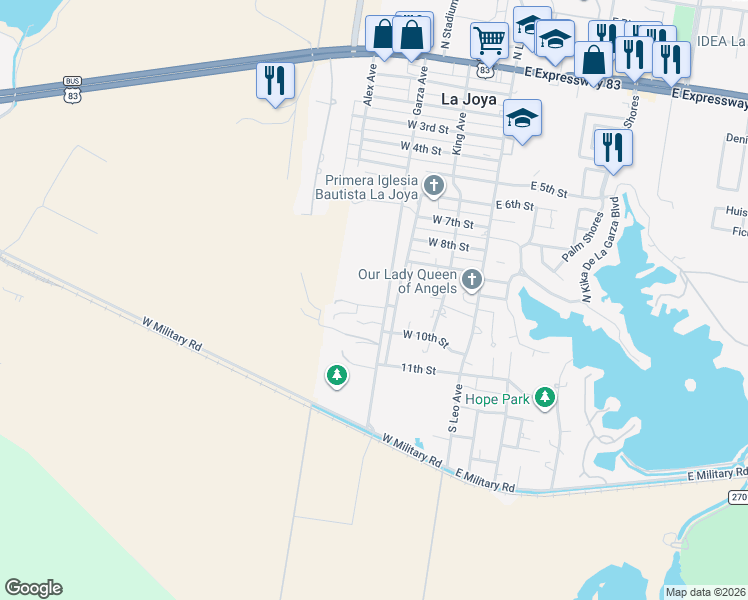 map of restaurants, bars, coffee shops, grocery stores, and more near 840 Garza Avenue in La Joya