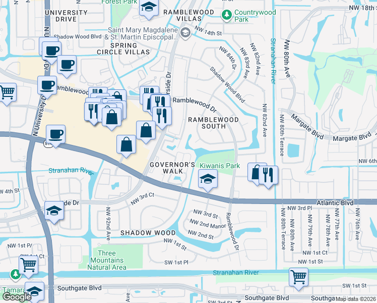map of restaurants, bars, coffee shops, grocery stores, and more near 8694 Northwest 7th Lane in Coral Springs