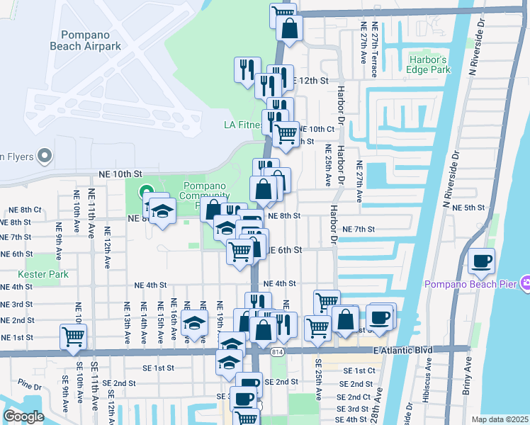 map of restaurants, bars, coffee shops, grocery stores, and more near 832 North Federal Highway in Pompano Beach