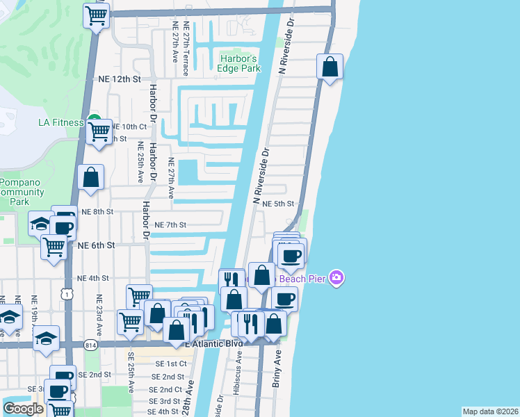 map of restaurants, bars, coffee shops, grocery stores, and more near 7 Northeast 5th Street in Pompano Beach
