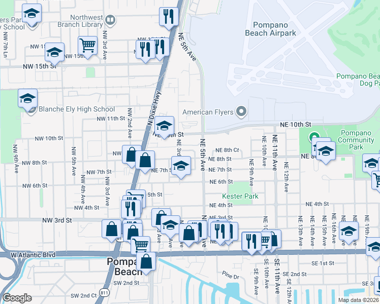 map of restaurants, bars, coffee shops, grocery stores, and more near 313 Northeast 8th Court in Pompano Beach