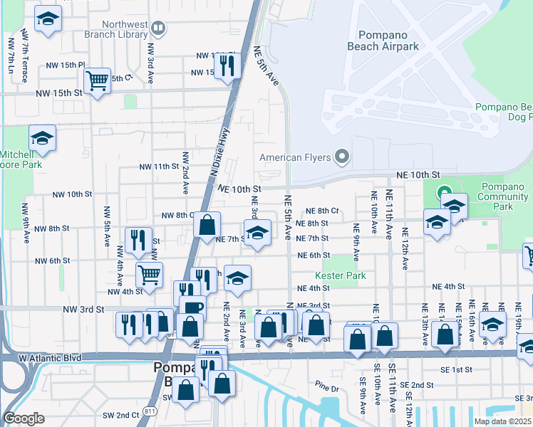 map of restaurants, bars, coffee shops, grocery stores, and more near 313 Northeast 8th Court in Pompano Beach