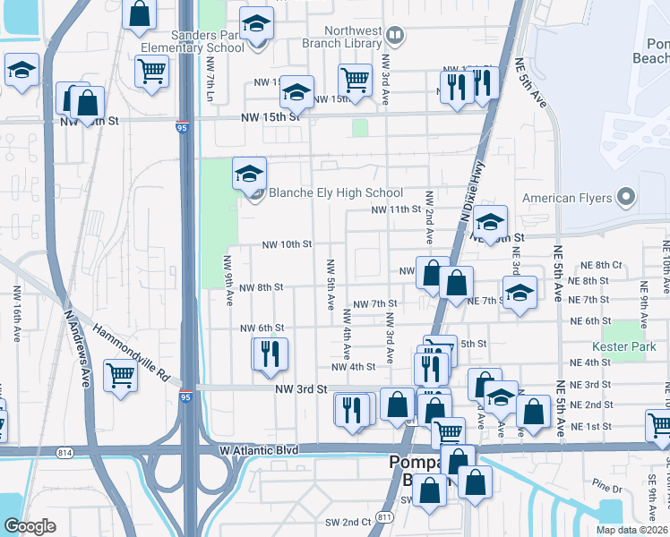 map of restaurants, bars, coffee shops, grocery stores, and more near 861 Northwest 5th Avenue in Pompano Beach