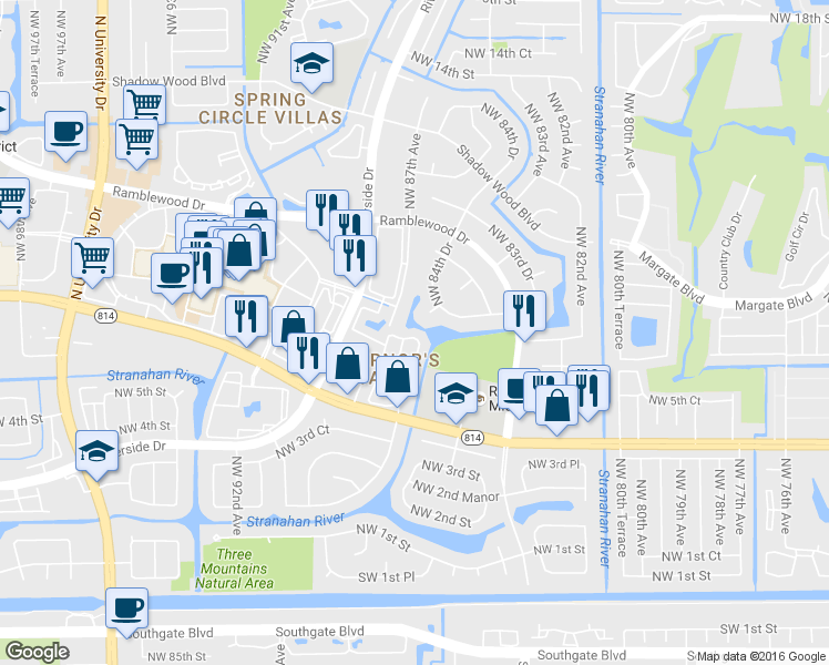 map of restaurants, bars, coffee shops, grocery stores, and more near 8694 Northwest 7th Lane in Coral Springs