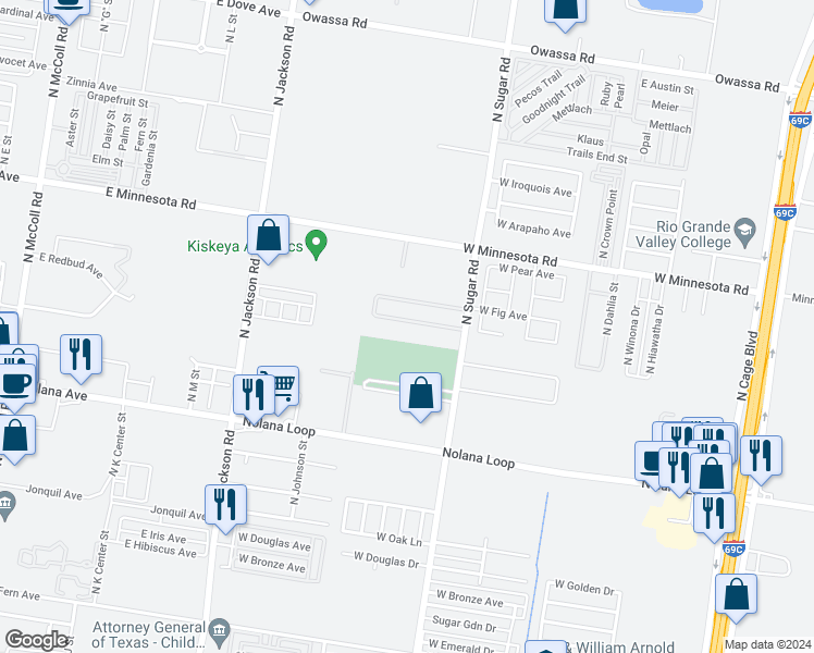 map of restaurants, bars, coffee shops, grocery stores, and more near 1407 West Kiwi Avenue in Pharr