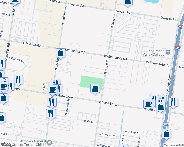 map of restaurants, bars, coffee shops, grocery stores, and more near 1407 West Kiwi Avenue in Pharr