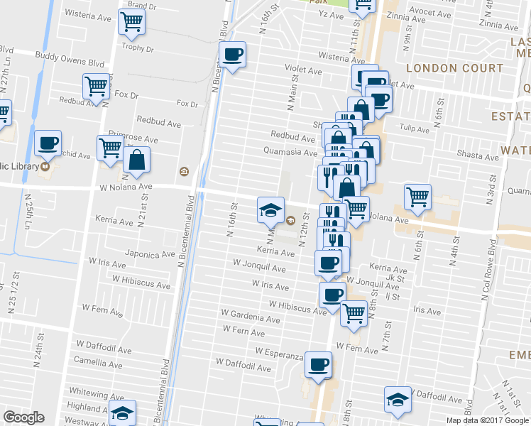 map of restaurants, bars, coffee shops, grocery stores, and more near 1406 Marigold Avenue in McAllen