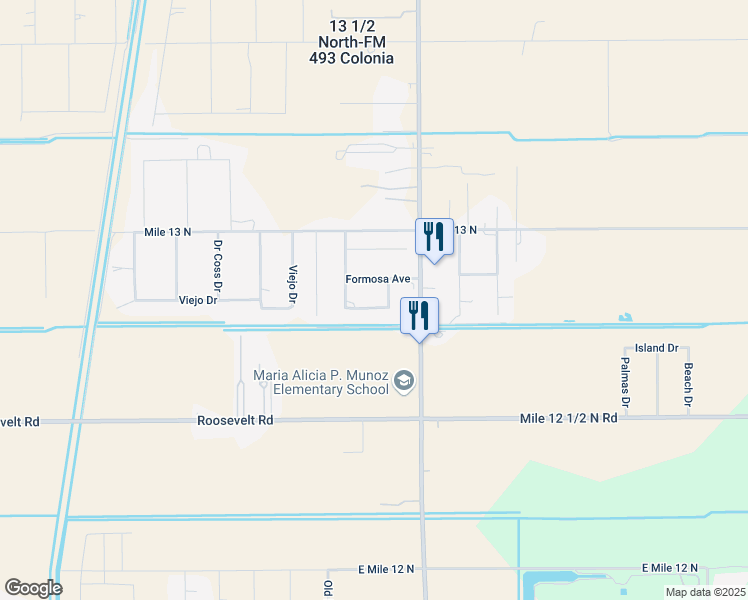 map of restaurants, bars, coffee shops, grocery stores, and more near 8608 Formosa Avenue in Donna