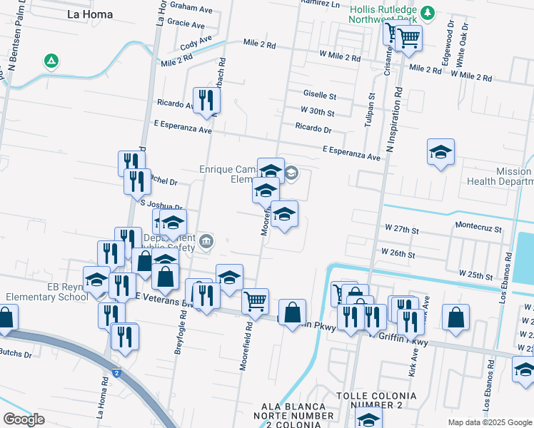 map of restaurants, bars, coffee shops, grocery stores, and more near 2612 Moorefield Road in Mission