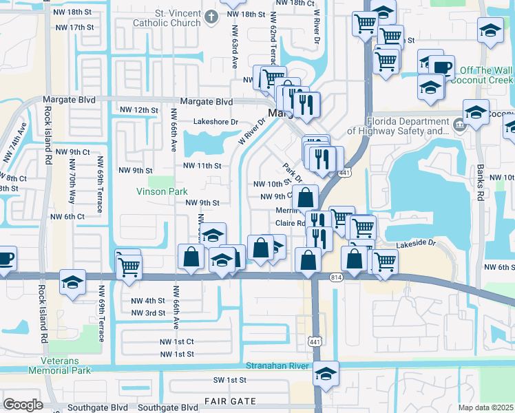 map of restaurants, bars, coffee shops, grocery stores, and more near 6208 Northwest 9th Court in Margate