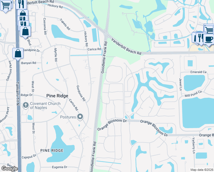 map of restaurants, bars, coffee shops, grocery stores, and more near 7200 Goodlette-Frank Road in Naples