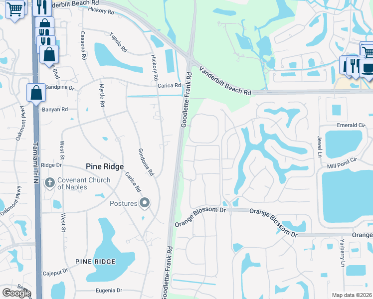 map of restaurants, bars, coffee shops, grocery stores, and more near 7200 Goodlette-Frank Road in Naples