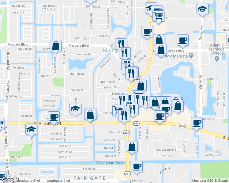 map of restaurants, bars, coffee shops, grocery stores, and more near 6101 Northwest 9th Street in Margate