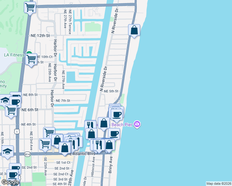 map of restaurants, bars, coffee shops, grocery stores, and more near 3232 Northeast 5th Street in Pompano Beach