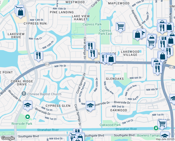 map of restaurants, bars, coffee shops, grocery stores, and more near 10677 Northwest 6th Court in Coral Springs