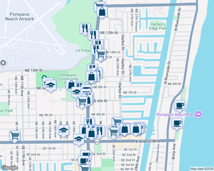 map of restaurants, bars, coffee shops, grocery stores, and more near 2311 Northeast 8th Street in Pompano Beach