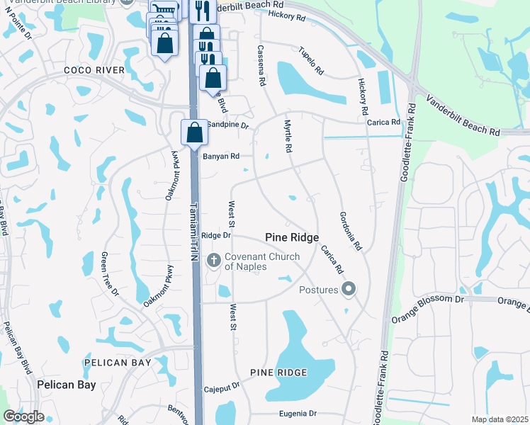 map of restaurants, bars, coffee shops, grocery stores, and more near 615 Carica Road in Naples