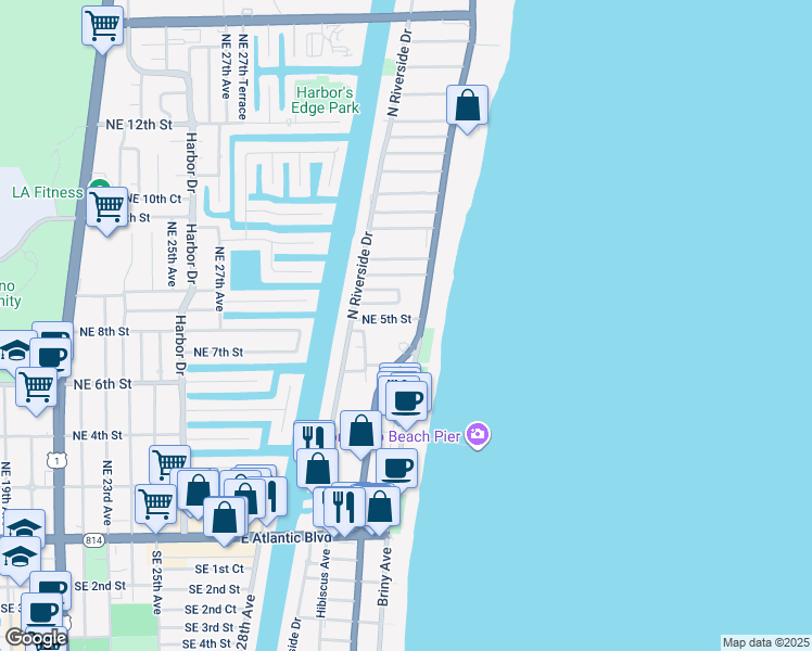 map of restaurants, bars, coffee shops, grocery stores, and more near 3232 Northeast 5th Street in Pompano Beach